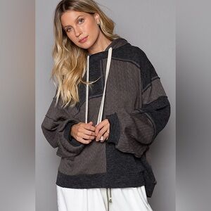 97. Balloon Sleeve Cut Sew Sweater Knit Top in Charcoal